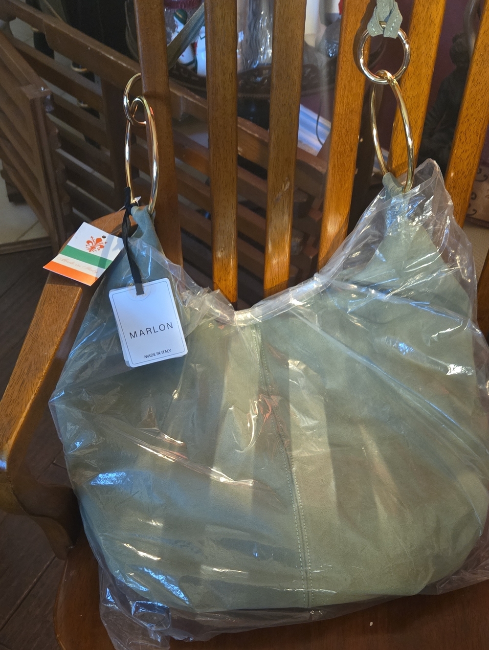 NWT Marlon Firenze Suede Hobo Bag Gold Ri G Handle Olive Green Made In Italy